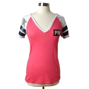 Pink Victorias Secret Sequin Tee M Pink Silver Y2K Logo Bling Jersey Retro Chic